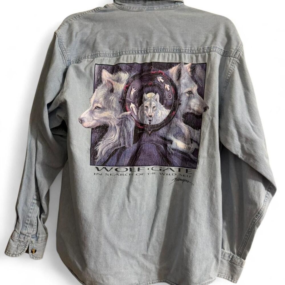Vintage 90's Denim Button Up Shirt Wolf Design and Embroidery Size S 100% Cotton